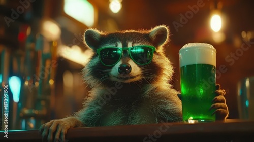 Raccoon with sunglasses and green beer mug in festive bar setting. St. Patrick’s Day photo