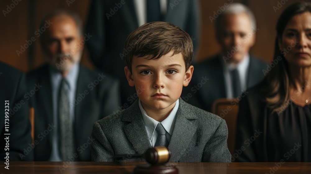 Cute child and mother at table with gavel of judge blurred in background, family law concept
