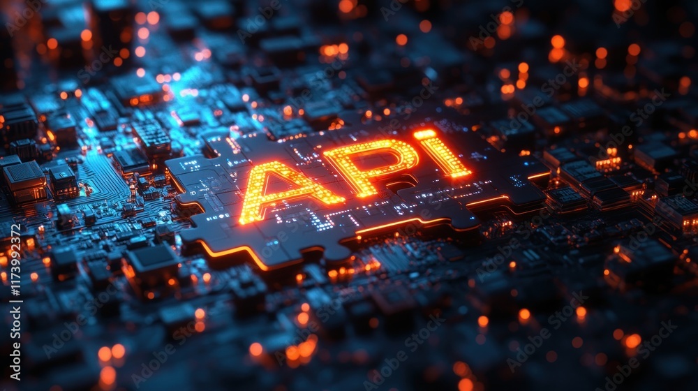 Fototapeta premium Futuristic Puzzle Piece Concept of API Integration with Digital Circuit Patterns and Interlocking Technology Symbolizing Connectivity