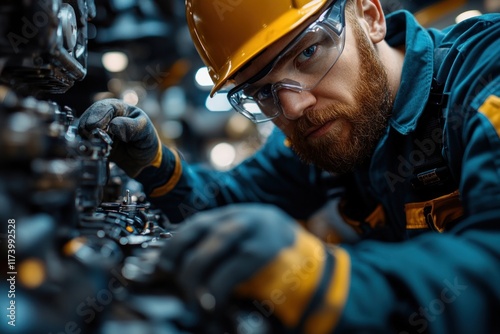 Middle-aged Asian male mechanic working on car in workshop close-up with tools and natural lighting