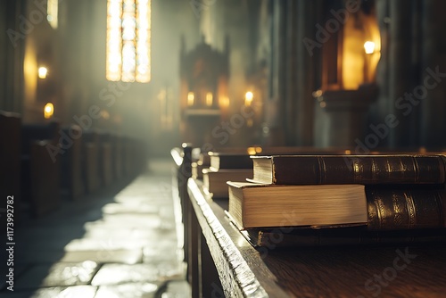 Wooden pews with hymnals in an empty church