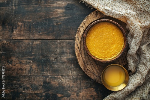 A wooden bowl filled with golden ghee, a traditional clarified butter, sits on a rustic wooden table. photo