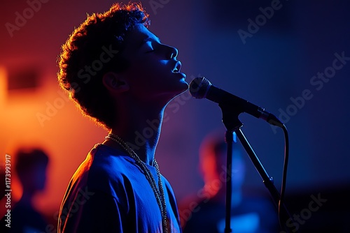 Youth worship band vocalist singing passionately