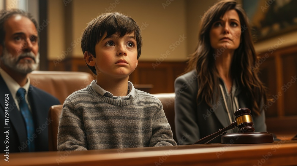 Cute child and mother at table with gavel of judge blurred in background, family law concept Cute child and mother at table with gavel of judge blurred in background, family law concept