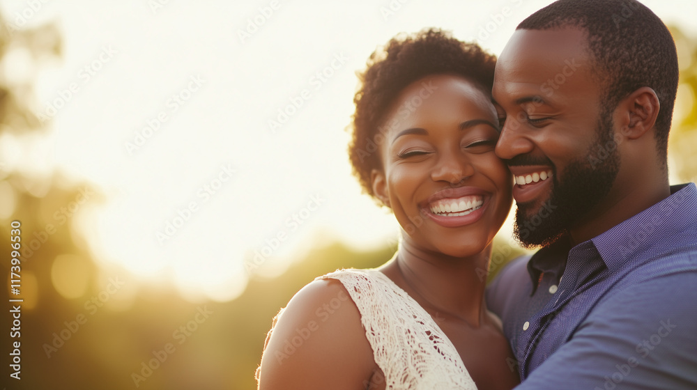 Couple is hugging and smiling in a field Couple is hugging and smiling in a field