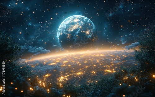 Hyper-realistic Earth Surrounded by Satellites Vibrant Night View Cosmic Background Digital Painting photo