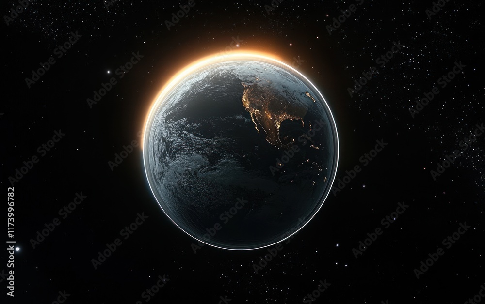 Fototapeta premium Stunning Orbit View of Earth from Space with Dramatic Lighting and Twinkling Stars in Deep Black Void