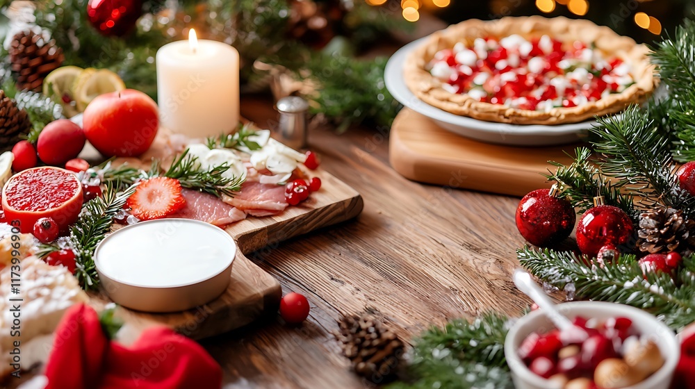 Festive Christmas table setting with food, candles, and decorations. Festive Christmas table setting with food, candles, and decorations.