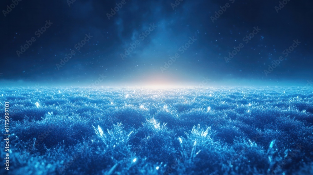 Fototapeta premium Mesmerizing winter landscape with a glowing ethereal Vast expanse of sparkling crystalline ice formations under a brilliant blue sky Peaceful