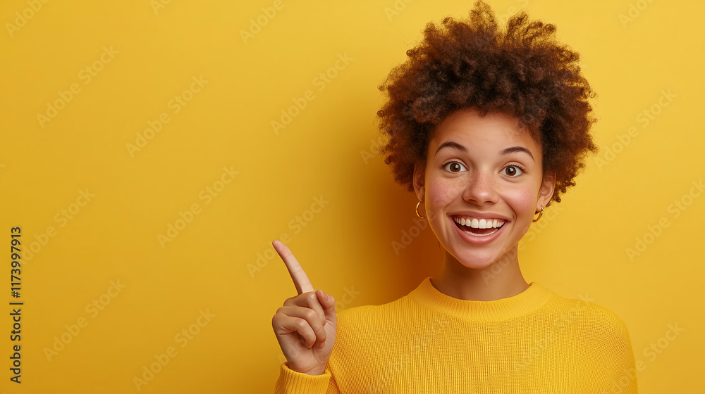 Woman with a pointed finger is smiling at the camera Woman with a pointed finger is smiling at the camera