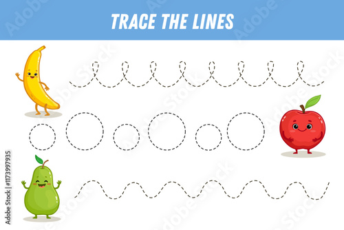 Tracing lines for kids. Cute cartoon fruits. Funny banana, apple, pear. Handwriting practice. Educational game for preschool kids. Activity page. Vector