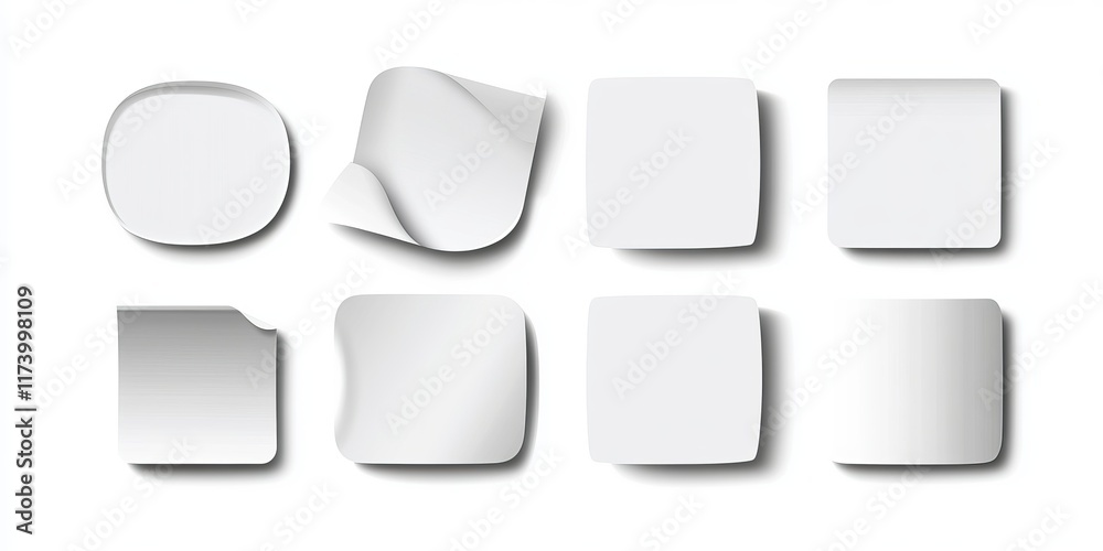 Circle and square paper stickers with rounded edges featuring adhesive backs Includes white tags with peeling corners and shadows designed as realistic mockups