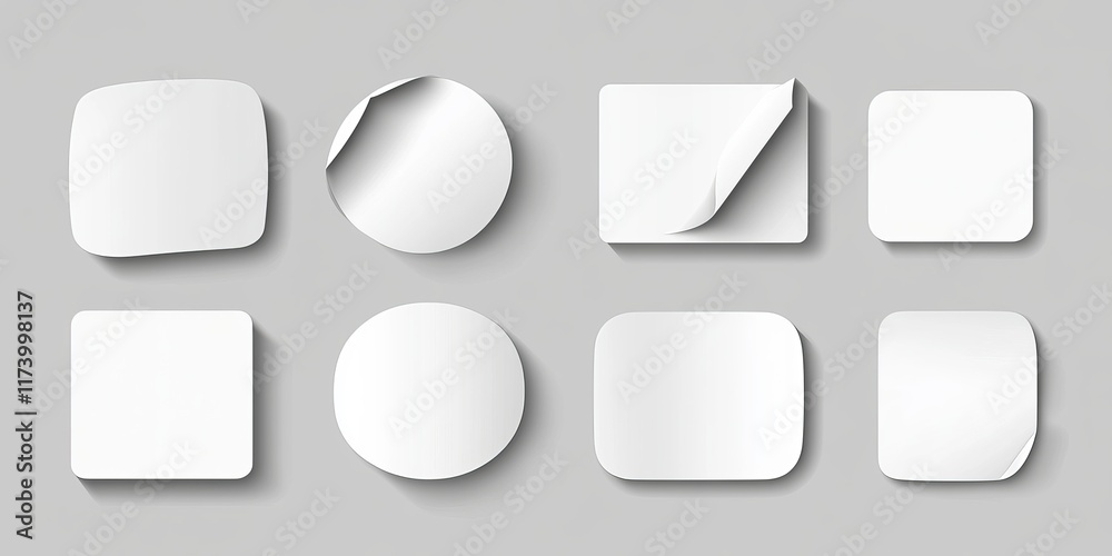 Circle and square paper stickers with rounded edges featuring adhesive backs Includes white tags with peeling corners and shadows designed as realistic mockups Circle and square paper stickers with rounded edges featuring adhesive backs Includes white tags with peeling corners and shadows designed as realistic mockups