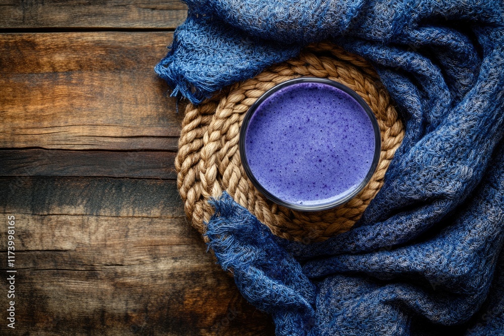 A glass of vibrant purple smoothie sits on a rustic wooden surface, nestled in a cozy blue fabric. A glass of vibrant purple smoothie sits on a rustic wooden surface, nestled in a cozy blue fabric.