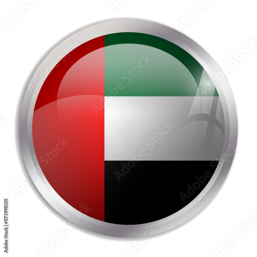 United Arab Emirates flag - glossy circle button displays a colorful flag representing a country cultural identity and heritage. The essence of national pride and unity.