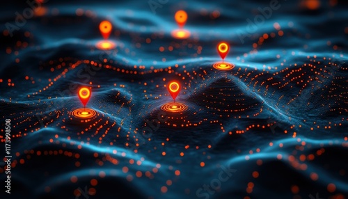 3D Topographic Map with Red Location Pins and Vibrant Network Lines Illustrating Geospatial Analysis and GIS Technology