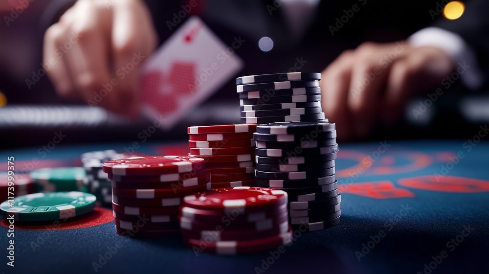 A close-up of poker chips in vibrant hues, stacked on a sleek gaming table, as a croupierâs blurred hands deal cards in the background.