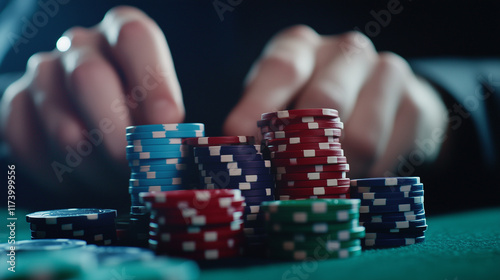 Stacks of chips in vibrant reds, blues, and greens against the rich texture of a gaming table, with a croupierâs hands blurred in action behind them. photo