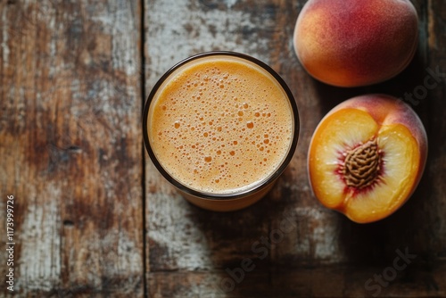 Refreshing peach smoothie in a glass, accompanied by fresh peaches on a rustic wooden table.