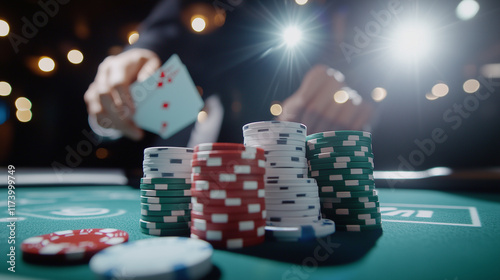 Detailed stacks of poker chips on a felt table under casino spotlights, with a croupierâs blurred motion dealing cards adding drama to the scene. photo