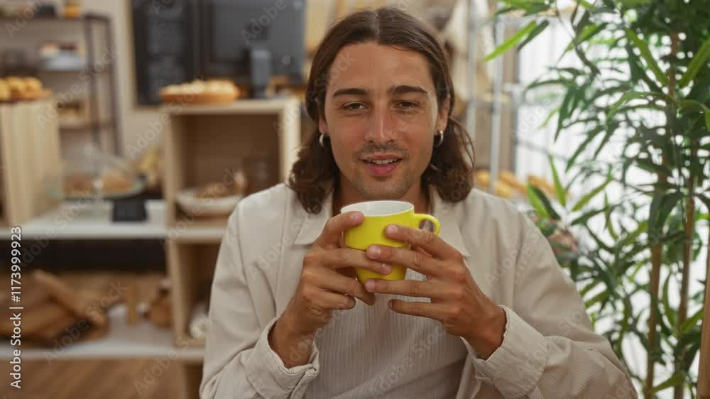 Young man with long hair enjoying a hot drink in a bakery with various pastries and a cozy interior setting Young man with long hair enjoying a hot drink in a bakery with various pastries and a cozy interior setting