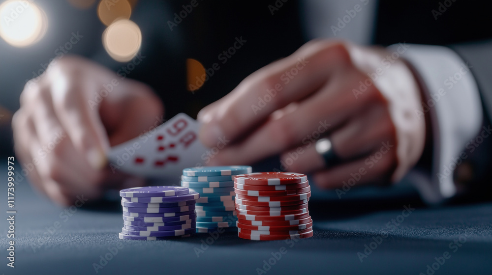 Multicolored poker chips in crisp focus against the blurred backdrop of a croupier in formal attire handling cards with expert precision. Multicolored poker chips in crisp focus against the blurred backdrop of a croupier in formal attire handling cards with expert precision.