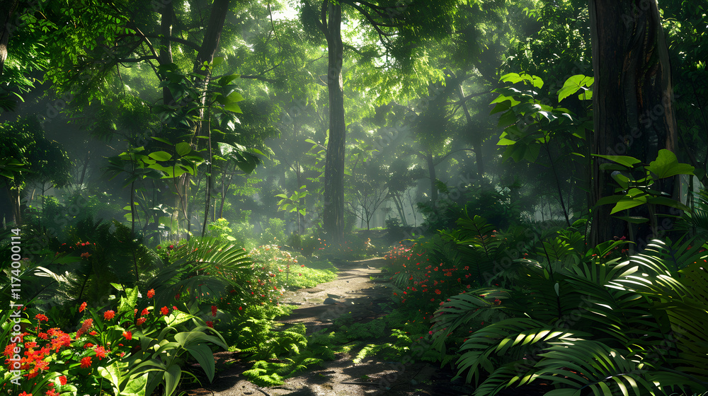 Fototapeta premium Lush Forest Habitat with Diverse Flora and Fauna, Dense Canopy, and Meandering Stream