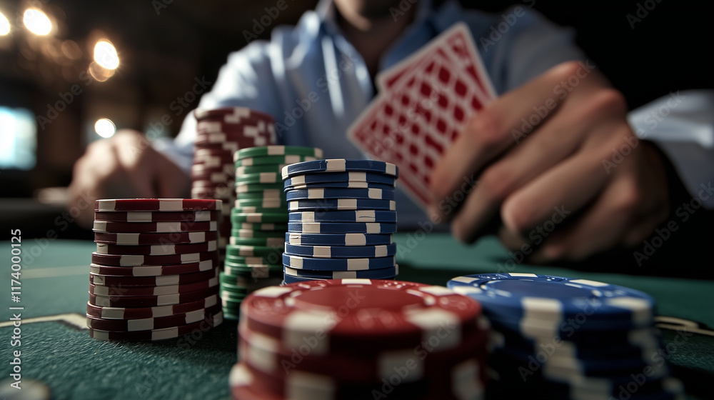Close-up of a poker table dominated by stacks of chips, with the motion blur of a croupierâs hands dealing cards adding energy to the frame. Close-up of a poker table dominated by stacks of chips, with the motion blur of a croupierâs hands dealing cards adding energy to the frame.