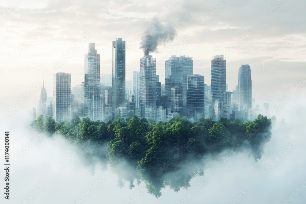 Fototapeta premium Surreal floating city enveloped in fog with skyscrapers and greenery during daytime