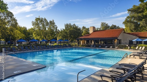 Resort poolside relaxation, sunny day, lush landscaping, clubhouse background, vacation advertising