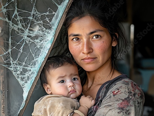 A mother holds her baby near a broken window this is not an idyllic family moment but rather depicts resilience in the face of adversity There is no breastfeeding, no focus on health, nor wellness photo