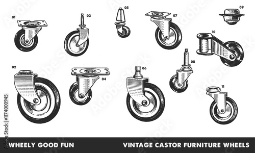 Vintage Illustration of  Castor Wheels Separated on White Background