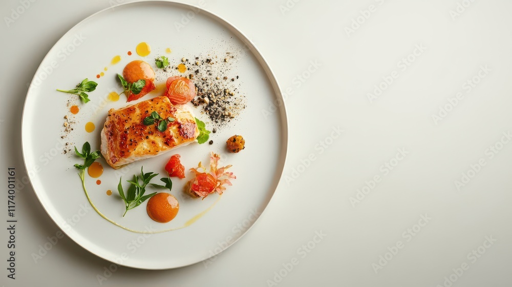 Culinary creation on spotless white table with taupe background Culinary creation on spotless white table with taupe background
