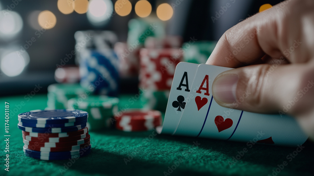 The dealer holds a winning pair of aces in crisp focus, the green felt table and colorful chips behind them fading into a soft blur. The dealer holds a winning pair of aces in crisp focus, the green felt table and colorful chips behind them fading into a soft blur.