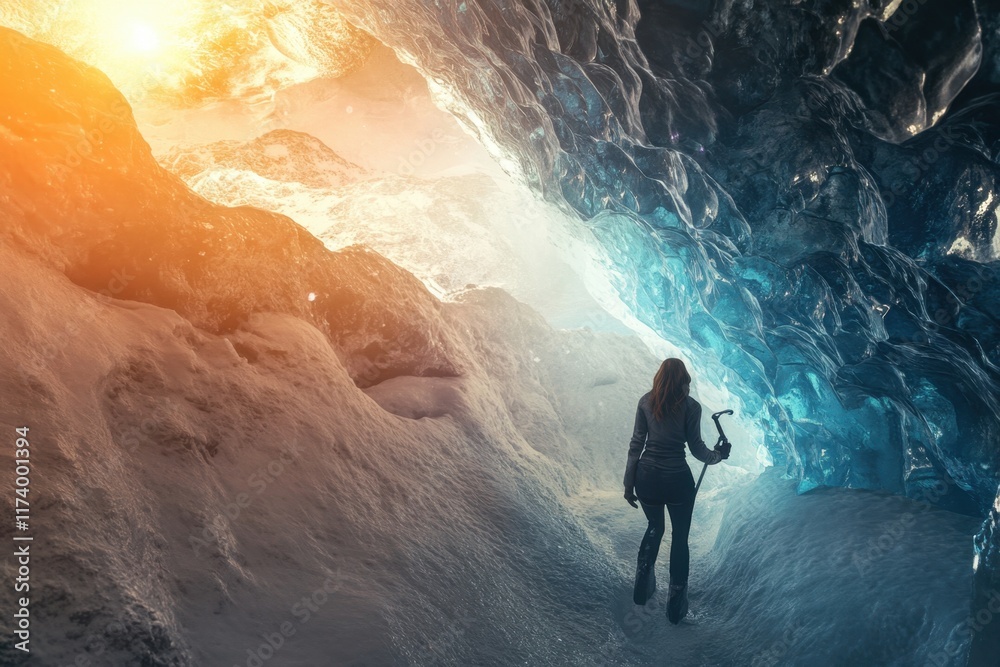 Fototapeta premium Exploring an ice cave illuminated by a dramatic contrast of light at sunset