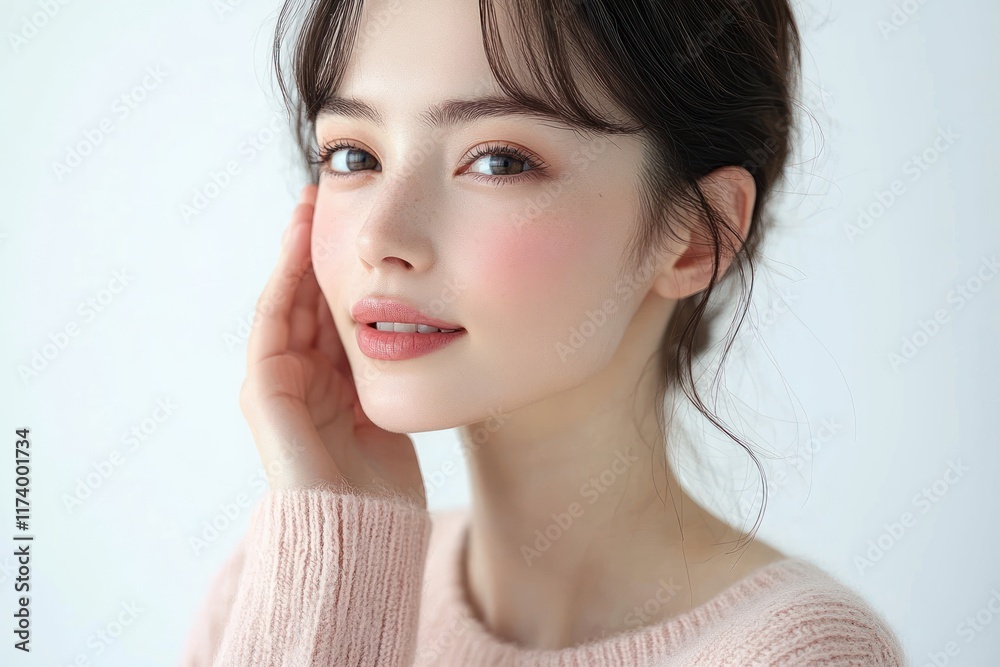 Beauty Woman Soft Blurred Face Pale Pink Sweater Winter Skin Smile Natural Clean Beauty Woman Soft Blurred Face Pale Pink Sweater Winter Skin Smile Natural Clean