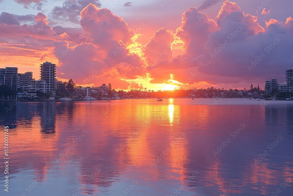 Fototapeta premium Sunset over calm waters reflecting vibrant pink and orange clouds at a waterfront location in a coastal city