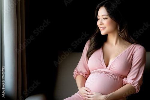 Capture the joy of motherhood with this candid, heartwarming photo of an Asian pregnant woman enjoying everyday life at home Discover the serene beauty of pregnancy in this intimate portrait photo