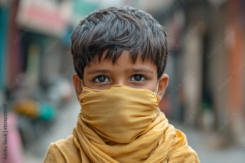 Young boy with warm scarf covering face stands in busy street during daytime, capturing the essence of daily life Young boy with warm scarf covering face stands in busy street during daytime, capturing the essence of daily life