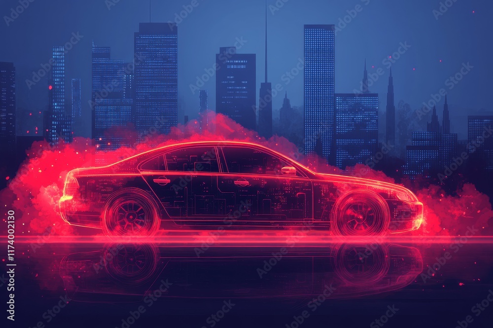 Car illuminated with neon lights races through a futuristic city at night with glowing buildings and vibrant colors Car illuminated with neon lights races through a futuristic city at night with glowing buildings and vibrant colors
