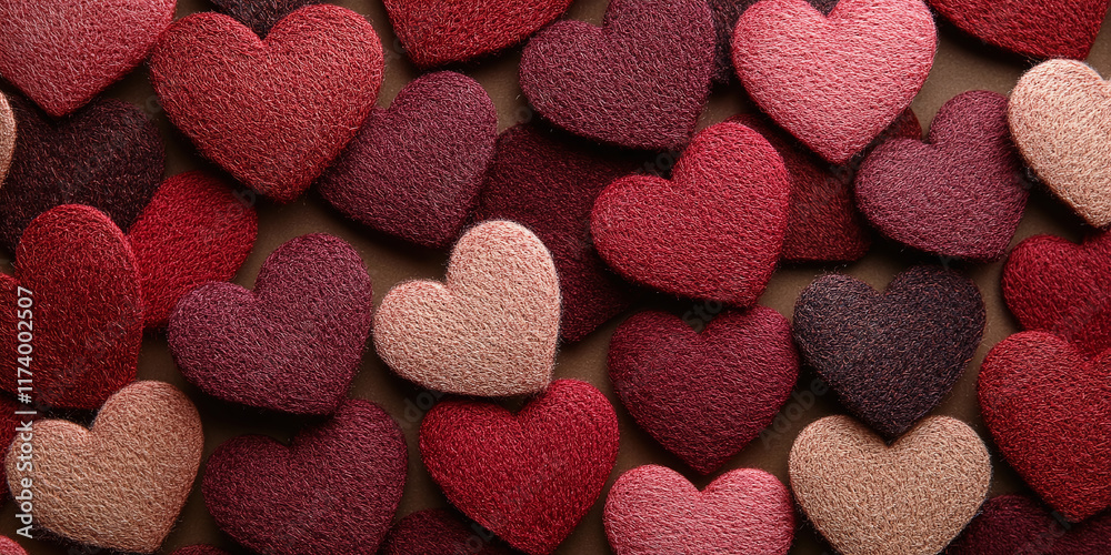 Obraz premium Red textured heart background featuring multiple fabric-like hearts in various shades of red and pink, perfect for Valentine’s Day and romantic designs.