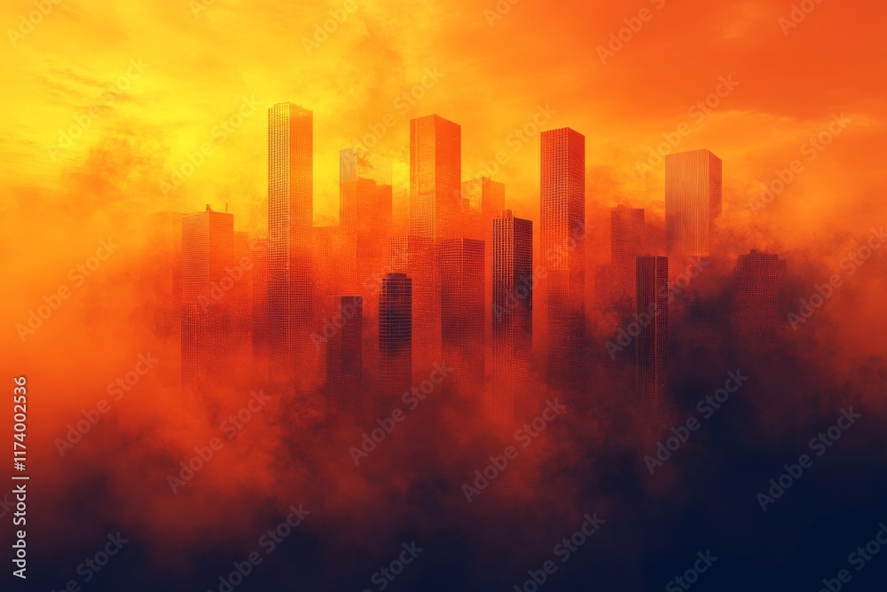 Fototapeta premium Urban skyline engulfed in vibrant orange and yellow hues during sunset, creating a dramatic atmosphere