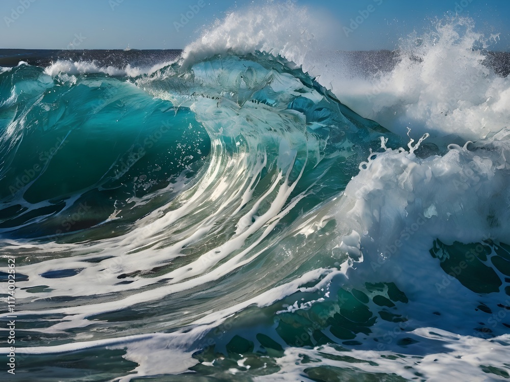 Majestic Ocean Wave Cresting Under Bright Clear Sky Majestic Ocean Wave Cresting Under Bright Clear Sky