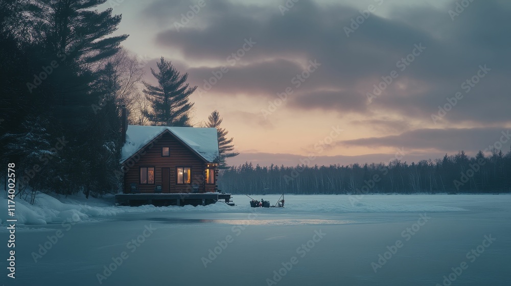 Fototapeta premium Illuminated cabin, snowy landscape, frozen lake, sunset.