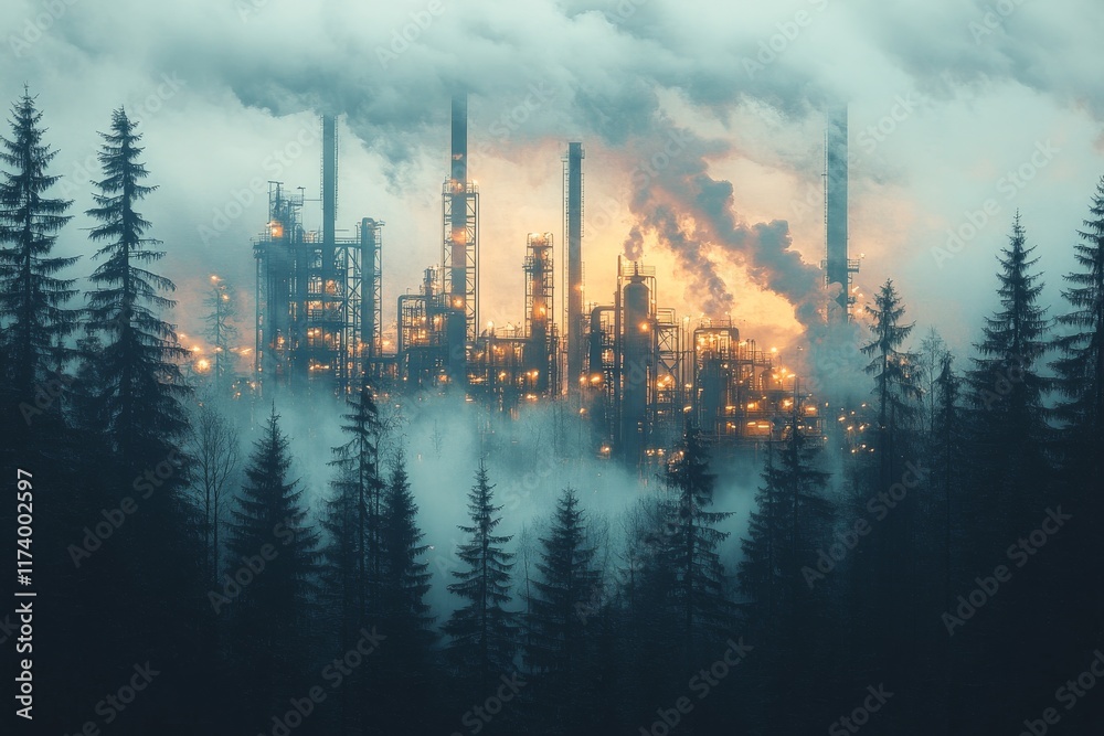 Naklejka premium Industrial facility emits smoke among dense forest during twilight hours with illuminated structures