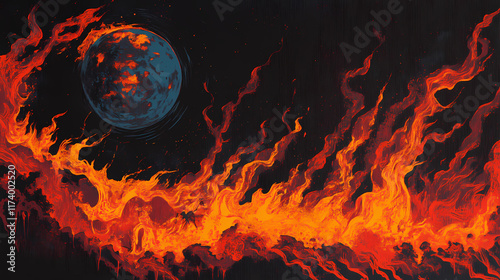 Earth engulfed in flames. Candescent. Illustration