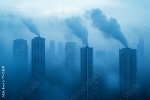 Tall buildings release smoke into a foggy urban landscape during early morning hours photo