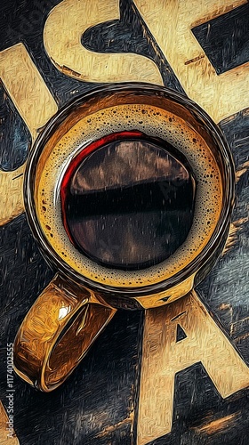 Close-up of dark coffee in a mug on a wooden surface with letters. photo