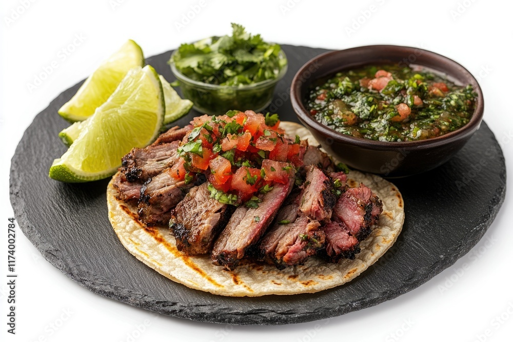 Grilled beef slices on a tortilla, topped with pico de gallo and served with lime wedges and salsa. Grilled beef slices on a tortilla, topped with pico de gallo and served with lime wedges and salsa.