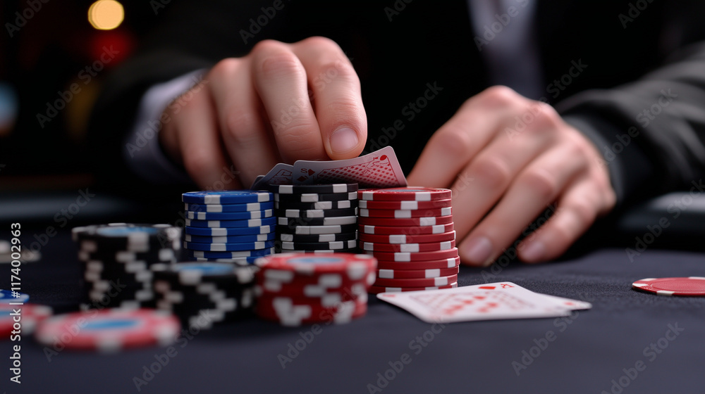 The tension of a poker game captured in playersâ hands, chips stacked in front of them, and cards face-down on the table.